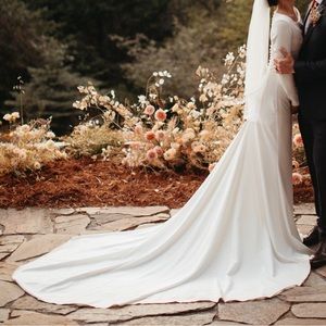 Wedding Dress - white, crepe, long sleeve, fitted, trumpet, buttons, with train